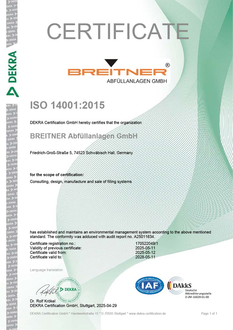 BREITNER filling systems ISO certification
